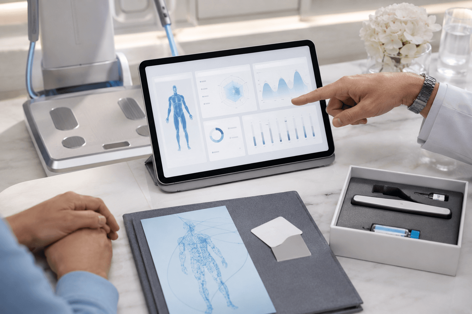 Premium diagnostics tablet and Peptides Pro assessment kit on a clinic table
