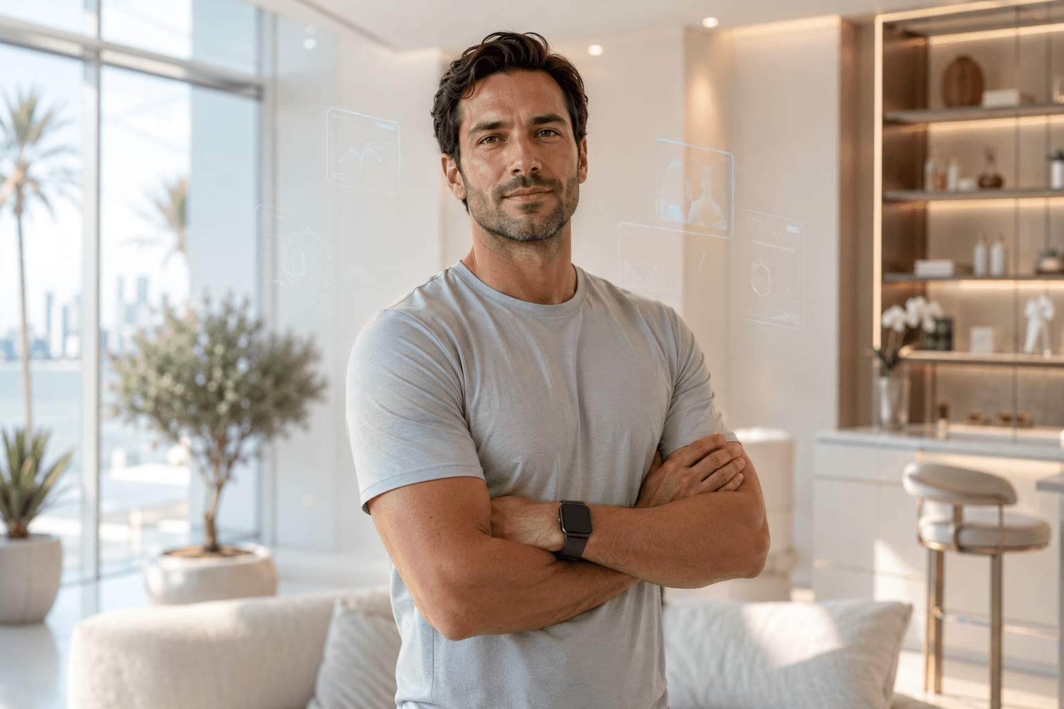 Confident adult in a bright premium health clinic with subtle protocol interface