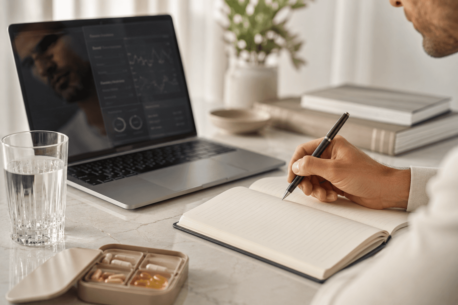 Focused person writing in a notebook beside a premium workspace
