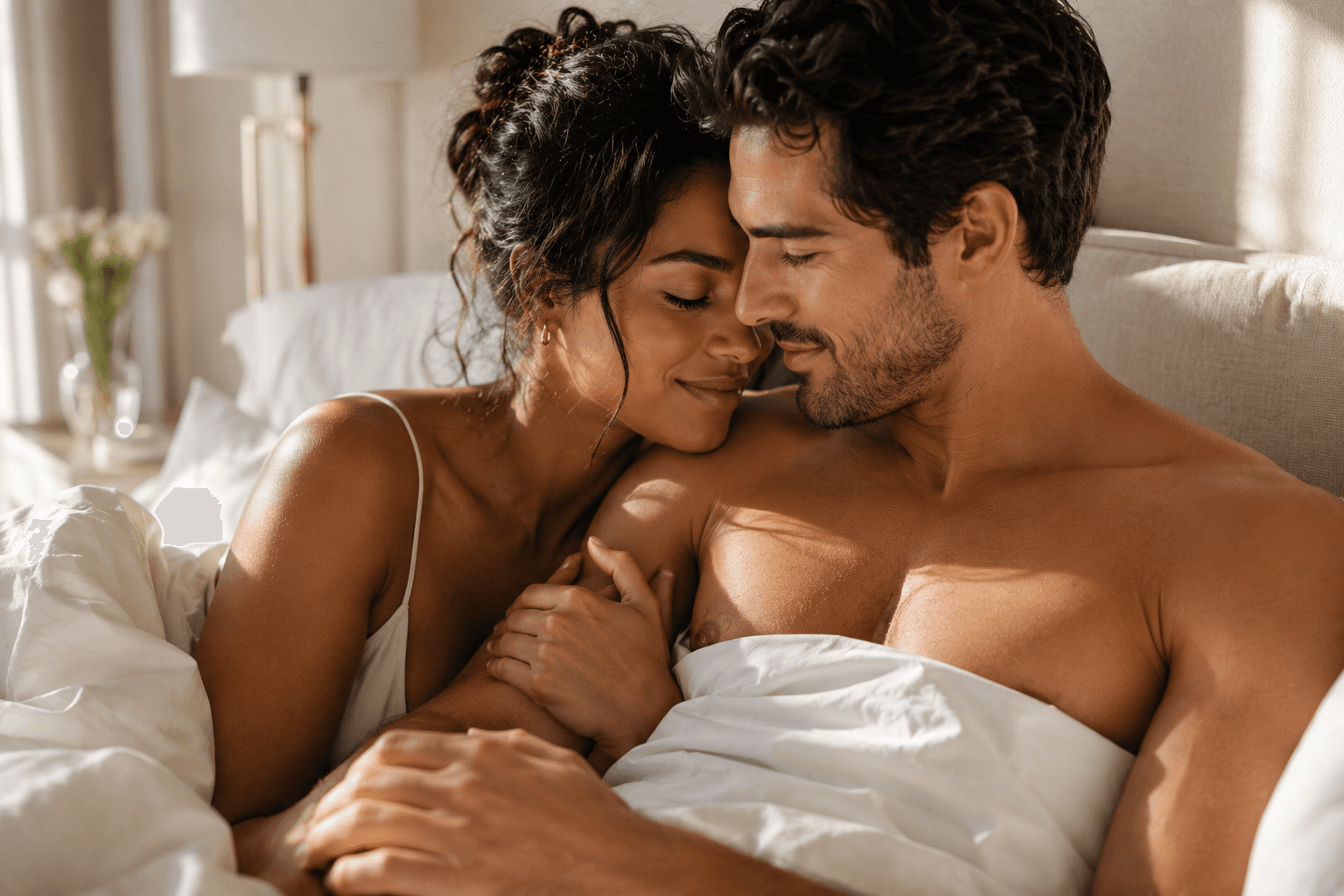 Tasteful couple in a warm premium bedroom setting for libido support