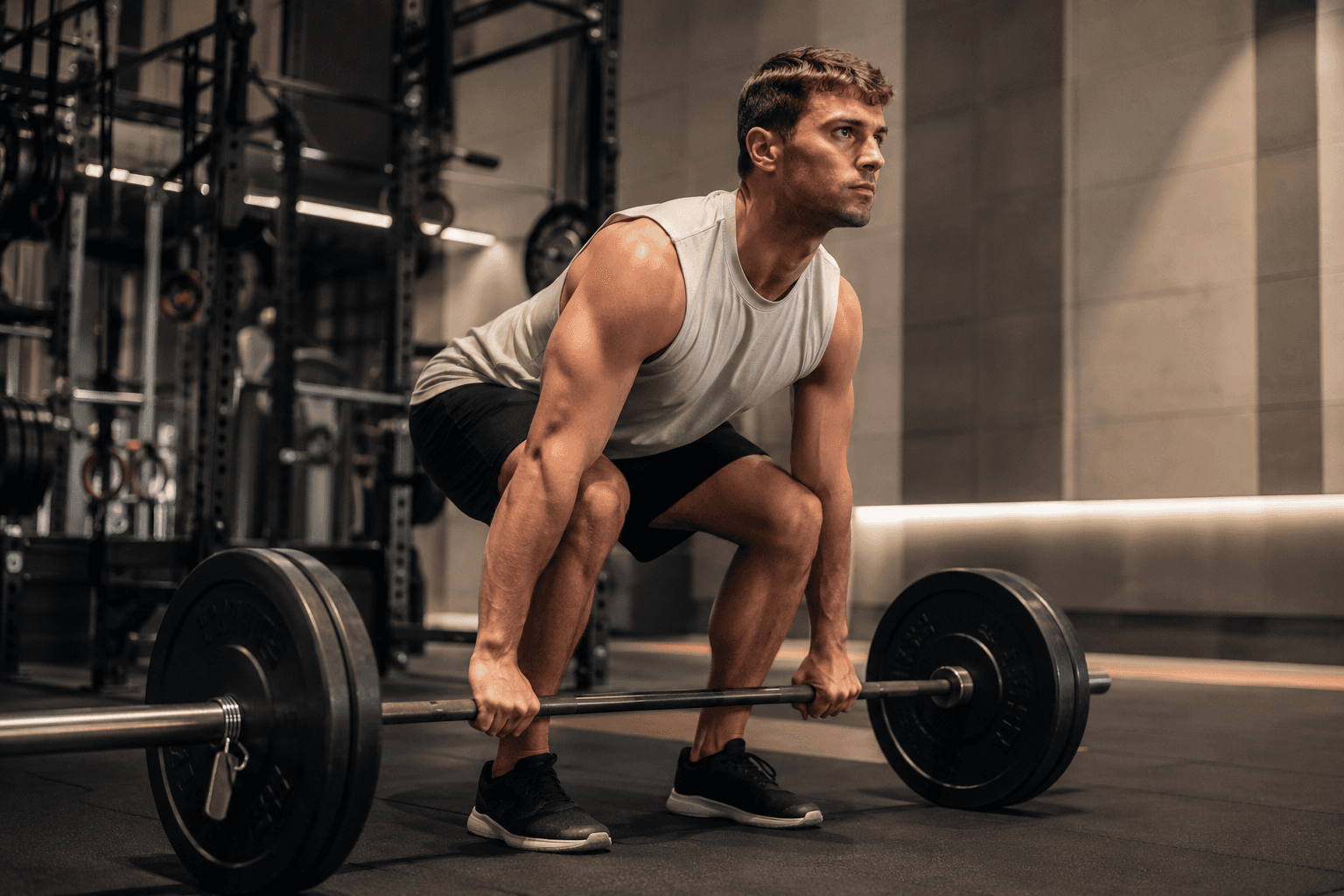 Athlete preparing a deadlift in a premium training environment